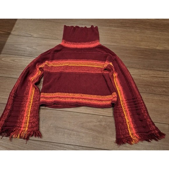 Free People Close to Me Red Turtleneck Sweater Flare Fringe Sleeve Size Large - Picture 1 of 13